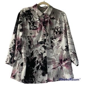 Chico's Button up Blouse Black Purple White Print 3/4 Sleeves w/ Pockets Size 3